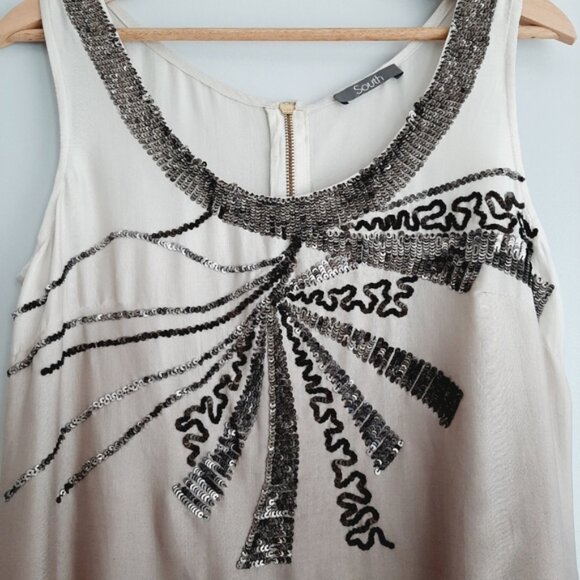 SOUTH Sequins Dip-Dye Silky Tunic Tank High Low Hem Top Cream & Tan Sz M Flawed - Picture 4 of 16